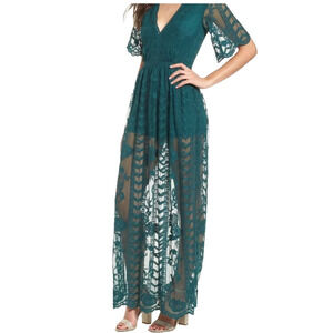 Socialite Green Lace Overlay Maxi Romper Women’s Small Semi Sheer Festival Party